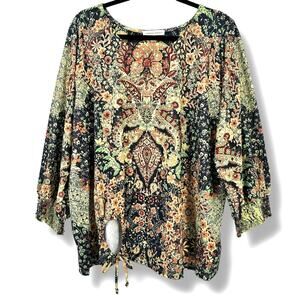 Farmers Market Deco Tie Waist Jacobean Floral Embellished Shirt Plus Size 3X